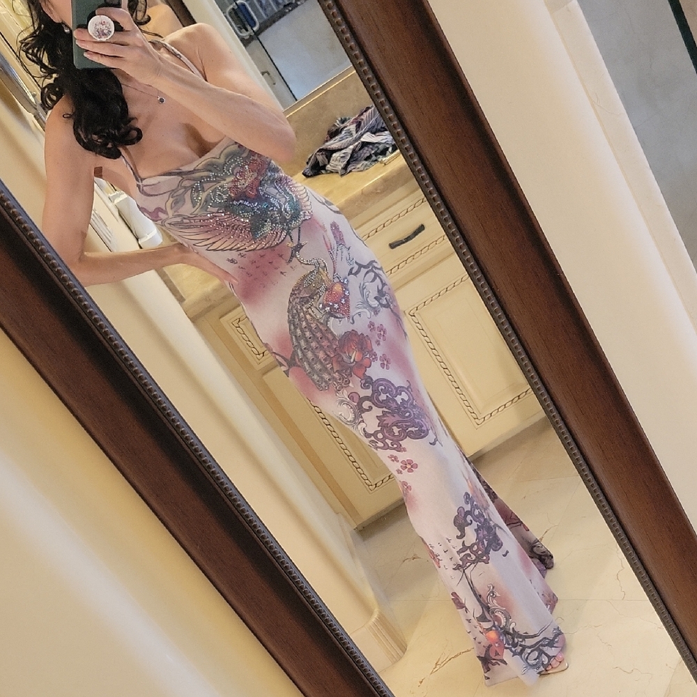 Elegant Ed-Hardy Style Pink Maxi Dress, M
